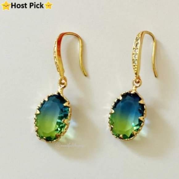 Private Label Jewelry - ⛔️SOLD⛔️ 2-Tone Glass Jewel Blue Green Ombre Rhinestones Drop Dangle Earrings